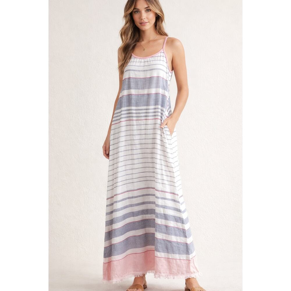 Lula Soul Sleeveless Striped Fringe Hem Cotton Maxi Dress White Blue Pink Large